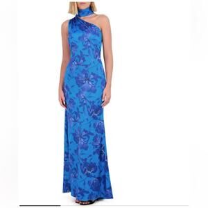 NWOT Vince Camuto Blue Purple Floral Mock Neck One Shoulder Column Gown-  Size 4
